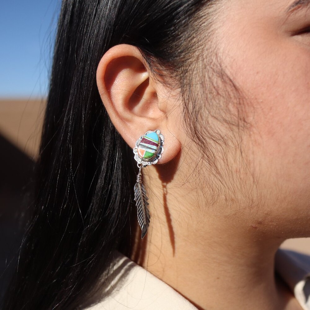 Navajo Multi Stone Inlay Feather Dangle Earrings Clip On Handcrafted Jewelry **
